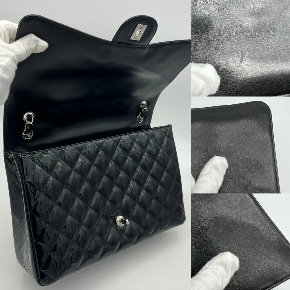 Authentic Chanel Classic Glossy shimmery black Patent leather Maxi single flap - Picture 11 of 17